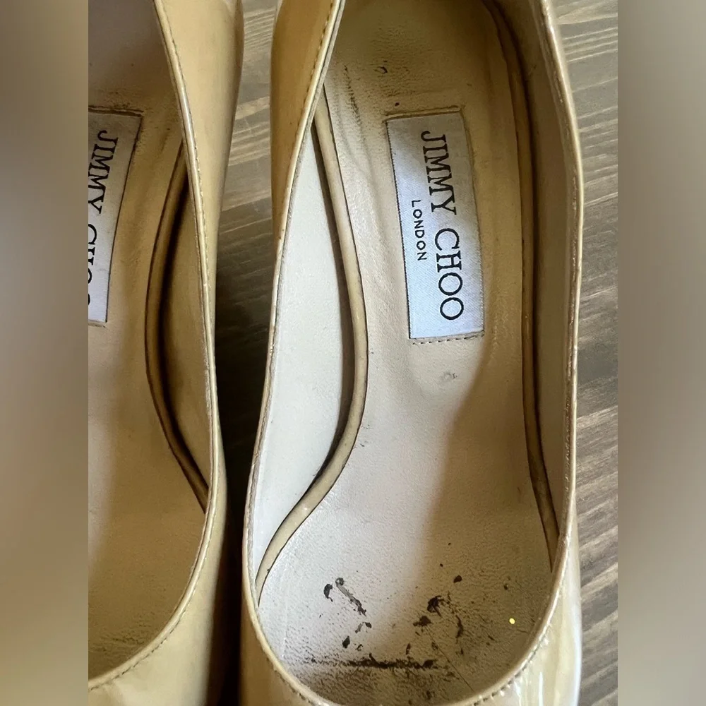 Jimmy Choo‎ Womens 36.5 Nude Tan Patent Leather Peep Toe Wedge Shoes